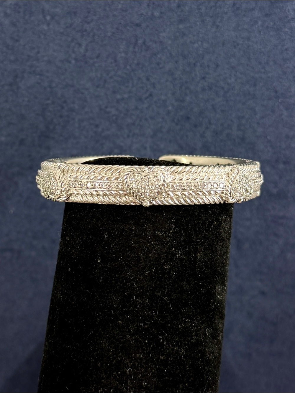 JUDITH RIPKA Sterling Silver  CZ Diamonique Triple 3 Hearts Hinged Cuff Bracelet
